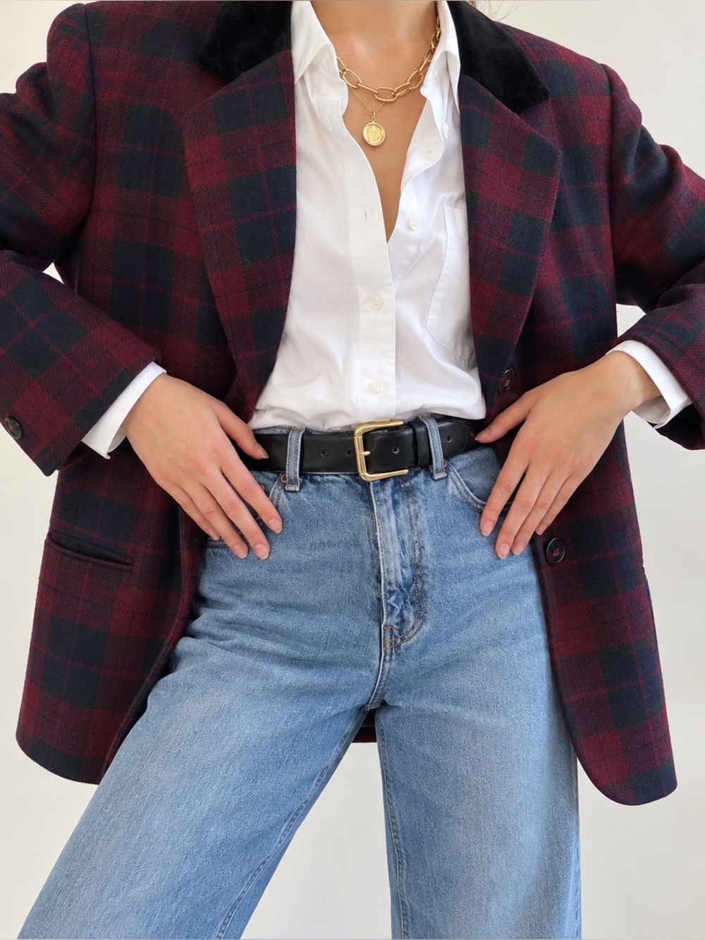 VTG 90s Sag Harbor Oversized Plaid Wool Blazer Velvet Collar Preppy Academia 16